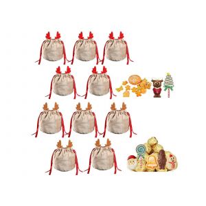 Sachets &agrave; bonbons en forme de bois de renne - Lot de 10 sachets &agrave; friandises r&eacute;utilisables avec cordon de serrage - Neuf