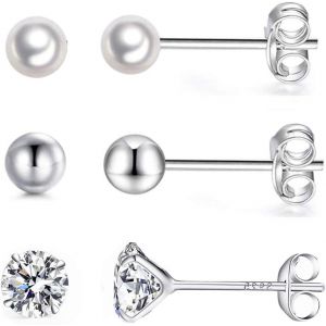 Kgabery-Lot De 3 Paires De Boucles D'oreilles À Tige En Argent Sterling 925 Avec Oxyde De Zirconium Et Boule Et Perle Pour Cartilage-Livrées Avec Fermoirs Papillon En Argent-Taille : 4 Mm - Neuf