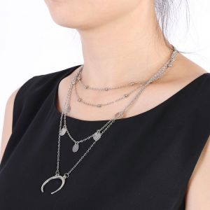 Collier Multicouche Tendance Pour Femme, Pendentif Chaine Clavicule (Argent) - Neuf