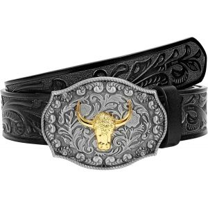 CAUC-Ceinture de cowboy occidentale pour homme - Ceinture &agrave; boucle taureau - Ceinture en cuir grav&eacute;e pour jeans, Taureau noir/dor&eacute;, 34""-36"" Wasit Adjustable - Neuf