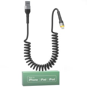 C&acirc;ble Iphone Spiral&eacute;, Cable Apple Carplay Certifi&eacute; Mfi, Cable Spirale Retractable Iphone Court Avec Synchronisation Des Donn&eacute;es Et Led, Cable Iphone Carplay Court Pour Iphone/Pad/Pod, Noir - Neuf