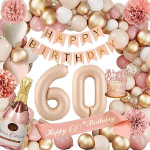 Decoration Anniversaire 60 Ans Femme,Ballon 60 Ans,Deco 60,Happy Birthday Decoration,Ballons Roses Rétro 60e Avec Banderole Joyeux Anniversaire Pour Décoration De Fête Pour Femmes - Neuf
