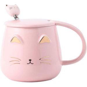 Eryi-Tasse De Chat, Mug Chat, Tasse À Café En Céramique Mignonne Avec Lovely Couvercle En Cuillère En Acier Inoxydable - Idéal Pour Les Amoureux Des Chats - Neuf