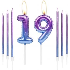 Eryi-Lot De 6 Bougies D'anniversaire Colorées En Forme De Chiffre 19 Avec 6 Longues Bougies Violettes Et Bleues Pour Gâteau, Bougies De Gâteau Pour Filles Et Garçons, Décorations De Fête D'anniversai - Neuf