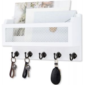 Cauc-Porte-Lettres Et Cl&eacute;s Pour D&eacute;coration Murale, Organiseur De Cl&eacute;s Mural En Bois De 27,9 Cm Avec 5 Crochets Pour Cl&eacute;s, &Eacute;tag&egrave;re De Rangement Murale Pour Entr&eacute;e, Couloir (Blanc) - Neuf