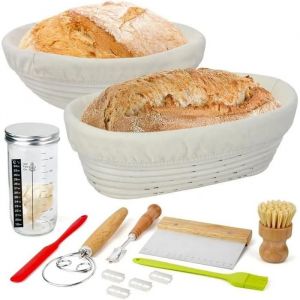 Set Banneton Pain En Rotin Naturel Avec Tissu Lin, 2 Paniers (23cm Rond + 25cm Ovale) Pour Levain Et Pains Artisanaux. - Neuf