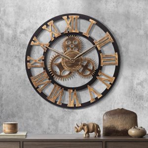Horloge murale géante industrielle en bois doré, 45 cm, silencieuse, à quartz, chiffres romains, pour salon, bar, restaurant - Neuf