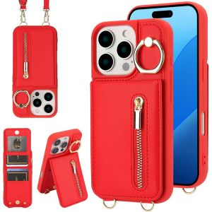 Maa-Coque Pour Iphone 13 Pro Max Coque Etui Avec Sangle Réglable Portefeuille En Cuir Anti-Rfid Pochette Magnétique Flip Case Étui Cover Housse Protection Avec Anneau-Rouge - Neuf