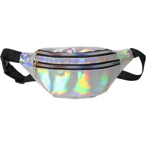 SJZG-Sac Banane Pour Femme - Sangle Réglable - Sac Banane Étanche - Sac Banane Holographique Avec Poches Pour Femme - Pour L'Extérieur, La Randonnée, Les Voyages, Argenté, L, Tendance Et Pratique - Neuf