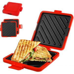 Machine &Agrave; Sandwichs Grill&eacute;s Pour Micro-Ondes, Batterie De Cuisine En Silicone, Technologie Heatwave, Plaques Antiadh&eacute;sives Sans Fil Pour Cuisiner De D&eacute;licieux Sandwichs Croustillants (Rouge) - Neuf
