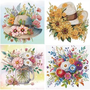 Oayew-4 Pack Peinture Diamant Forme Sp&eacute;ciale 30x30cm Diamant Painting Fleurs Vase Broderie Diamant Fleurs Chapeau Perle Diamant A Coller Fleurs Peinture Par Num&eacute;ros Fleurs Tableau Diamant D&eacute;butants - Neuf