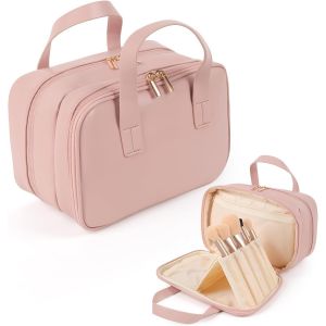nzqaf-Trousse de Toilette Femme, Trousse Maquillage avec Imperméable PU, Vanity Femme, Trousse de Maquillage Grande Sac Maquillage Voyage, Vanity Voyage, Malette Maquillage (Rose) - Neuf