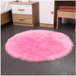 Sjzg-Tapis Rond En Fausse Peau De Mouton - 45 X 45 Cm - Rose Moelleux - Poils Longs - Doux - Imitation Laine - Antid&eacute;rapant - Lavable - D&eacute;coration D'int&eacute;rieur - Neuf