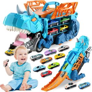KAJGL-Camion Transporteur Voiture Dinosaure,Jouet Portable Avec Piste De Course &Eacute;jectable Et 10 Mini Voitures,Pour Enfants De 3 4 5 6 Ans Enfants Gar&ccedil;ons Cadeau - Neuf