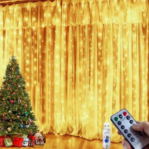 TRAHOO-Rideau Lumineux 300 LED 3M&times;2.7M, Guirlande Lumineuse Rideau Blanc Chaud&iquest;Guirlande LED USB, T&eacute;l&eacute;commande &iquest; 8 Modes, Minuterie&iquest;D&eacute;coration No&euml;l, Mariage, Chambre, Jardin, F&ecirc;te, Ext&eacute;rieur Interieu - Neuf