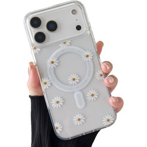 JGD-Coque Magn&eacute;tique pour iPhone 17 Pro Max, &Eacute;tui Souple Transparent avec Motif Fleurs Compatible avec Magsafe Charge sans Fil, Coque Protecteur R&eacute;sistant- Marguerite - Neuf