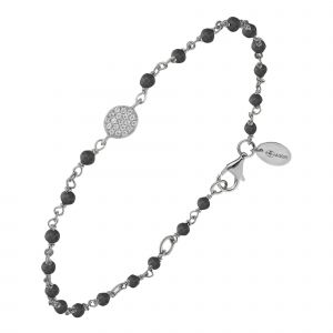 Bracelet Argent Rhodi&eacute; M&eacute;daillon Serti Blanc Et Pierre Spinelle Noire - Neuf