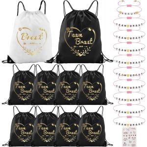 acdsgd-Lot de 10 sacs de gym Team Bride avec cordon de serrage (42 &times; 33 cm) et 10 bracelets JGA pour femme, 1 autocollant, enterrement de vie de jeune fille, sac &agrave; dos JGA pour mariage, f&ecirc;te de mari&eacute;e, noir - Neuf