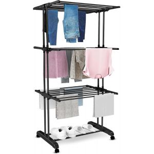 KGABERY-Séchoir À Linge-3 Niveaux-Pliable-72x50x172 Cm-Peu Encombrant-Noir - Neuf