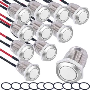10×12mm Momentané Bouton-Poussoir Étanche en Acier Inoxydable Bouton-Poussoir,boutons de sonnette 12V 3A 250V,pour voiture,PC,lampe de table¿ Ronds¿ (Tête plane)¿précâblé¿ - Neuf