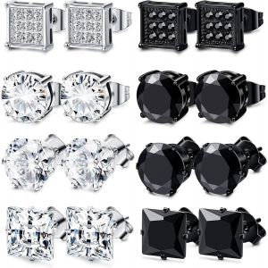 Lot De 8 Paires De Boucles D'oreilles À Tige Carrées En Acier Inoxydable Avec Oxyde De - Hypoallergéniques - Pour Homme Et Femme - Neuf