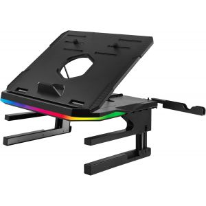 acdsgd-Enermax Support r&eacute;hausseur Ergonomique de PC Portable/Moniteur Rotatif RGB 360&deg; Pliable, installez jusqu'&agrave; 3 p&eacute;riph&eacute;riques, Charge Max 10 kgs ELS001 Noir - Neuf