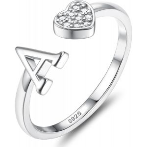 Bague Argent 925 Femme Avec Lettre A-Z Bague Coeur Reglable Empilables Ouvert Bague De Fian&ccedil;ailles Bague Promesse Mariage Bague Pouce Bague Pr&eacute;nom Initiale Bague Femme Fille Avec Bo&icirc;te - Neuf