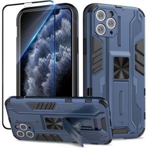 Kal-Coque Pour Iphone 11 Pro Max Avec Verre Trempé, Outdoor Antichoc De Qualité Militaire Coque Avec Béquille Anti Rayure, Compatible Support De Voiture Magnétique - Bleu - Neuf