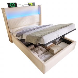 Lit coffre 90x200 cm avec matelas,Lit simple avec Rangement &eacute;clairage LED et ports USB/Type-C,Contr&ocirc;le APP,Beige - Neuf