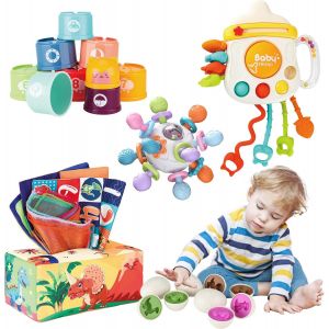 JGD-Jouets pour b&eacute;b&eacute;s de 6 12 18 Mois, Jouets sensoriels Montessori Tout Petits, ?ufs de Dinosaures, Jouets de Dentition, gobelets empilables, bo&icirc;te &agrave; mouchoirs, Jouets &agrave; Ficelle &agrave; Tirer - Neuf