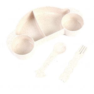 Ensemble De Vaisselle En Plastique Pour Enfants, 3 Pieces, Fourchette, Cuillere, Bol A Fruits, Paille De Ble, Dessin Anime, Kaki - Neuf