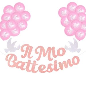 CAUC-Il Mio Battesimo Bannière Banderole Baptême Pailleté Papier Guirlande Bunting Banner Ballon DIY Décoration (Rose) - Neuf