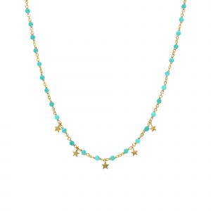 Collier Argent Dor&eacute; Pampilles &Eacute;toiles Et Pierres Turquoise - Neuf