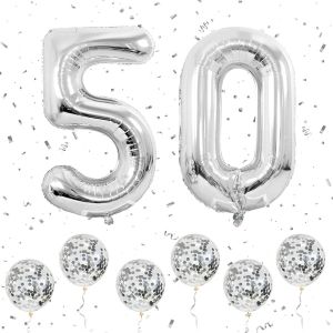 Numéro 50 Ballons Argent, 40 Pouces Grands Ballons Numéro 4 & 0 Avec 6 Ballons À L'Hélium Confetti Argent, Ballon 5Ème 50Ème Anniversaire Pour Hommes Femmes Fêtes Oc Ns Romantiques D'Anniversaire - Neuf