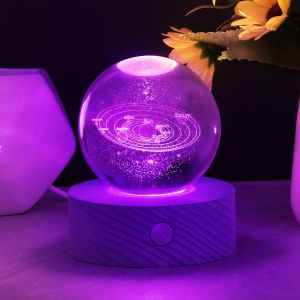 Lampe Boule De Cristal 3d, Boule De Cristal Veilleuse 3d Syst&egrave;me Solaire, Lampe 3d Avec Led Multicolore Base En Bois, Cadeau De Saint-Valentin, Cadeaux D'astronomie Pour Enfants - Rechargeable - Neuf