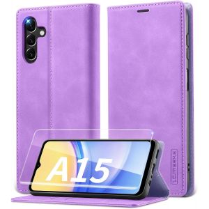 TRAHOO-Coque Samsung A15 4G/5G avec Verre Tremp&eacute;, Etui en Cuir PU Premium, RFID Protection Portefeuille Housse pour Samsung Galaxy A15 5G/4G &Eacute;tui, Violet - Neuf