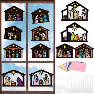 Kalanka-12 Pièces Kit De Bricolage Art Du Papier Coupé Pour Enfant Kit De Bricolage Noel Pour Enfant Stickers Fenêtre Nativité Jésus Décoration Mur Cheminée Porte Vitrine - Neuf