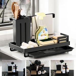 Rangement Evier Cuisine Support,Porte Eponge Evier Cuisine Support Eponge Evier Cuisine Avec Plateau Organisateur D'évier Support Brosse Éponge Organiseur Pour Cuisine,Salle De Bains-Noir - Neuf