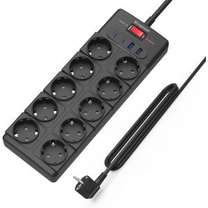 JEXNOVASHOP-multiprise 10 Prises,USB multiprise(PD 20W 2 USB-C Ports et 2 USB-A Ports), multiprise avec Interrupteur,4000W/16A,1050 J, multiprise parafoudre et câble d'extension de 2 m, Noir - Neuf