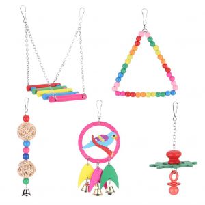 Hjlian Ensemble De 5 Jouets Pour Oiseaux?: Perles Triangulaires, Pont Suspendu, Volant, Poisson En Bois Et Boule En Rotin - Neuf