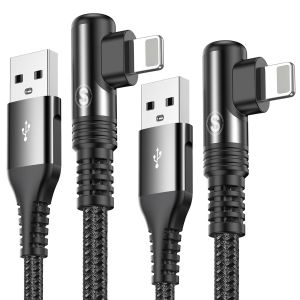 Câble Iphone,Coudé 90 Degrés [3m/Lot De 2] Cable Chargeur Iphone Nylon Tressé Câble Charge Rapide Pour Iphone 14/13/12/11/Pro/X/Xs/Xr/8/8 Plus/7/7 Plus/6s/6s Plus/6/6 Plus-Noir - Neuf