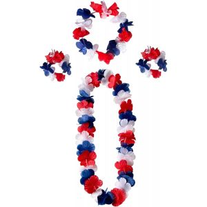 TRAHOO-Colliers de Fleurs Hawaïennes Hula Luau Collier Bracelet Bandeau Hawaïen Colliers Fleurs Hawaïen pour Carnaval Fêtes sur la Plage Hawaïenne Pom-Pom Anniversaires (P Bleu Blanc Rouge) - Neuf