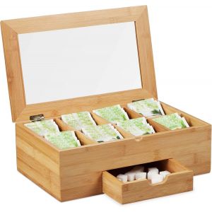 CMWS-10027481 Bo&icirc;te fen&ecirc;tre Coffret &agrave; th&eacute; Bois 8 Compartiments Couvercle tiroir aromes, HxlxP 11x33x20 cm, Nature - Neuf
