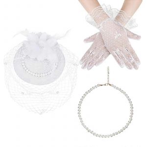 Britanniques Net Laine Chapeau Ensemble, avec d'&Eacute;l&eacute;gants Gants et Blanc Chapelet Collier de Style Sophistiqu&eacute; - Neuf