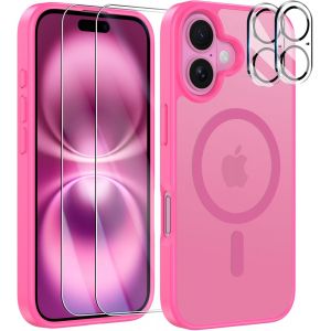 Magn&iquest;&iquest;tique Coque pour Phone avec 2 Verres Tremp&iquest;&iquest;s et 2 Cam&iquest;&iquest;ra Protecteur, Compatible MagSafe Anti-jaunissement Dos Anti Rayures Coque Antichoc TPU Bumper (Rose Vif, iPhone 16) - Neuf
