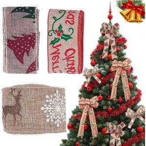 Ruban de Jute Noel verser de l'Emballage Cadeau, 3Pcs Ruban de Toile de Jute de No&euml;l avec Flocon de Neige d'arbre Elk, Naturel Rouleau de Rubans Cadeaux Grand Ruban D&eacute;co Tissu verser de l'Artisanat - Neuf