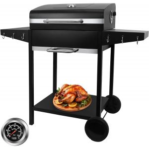 Ulteronixshop-Barbecue au charbon de bois avec couvercle et thermom&egrave;tre, barbecue de camping au charbon de bois avec roulettes, grand barbecue mobile au charbon pour jardin et &eacute;v&eacute;nements en plein air - Neuf