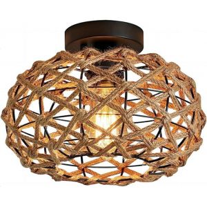 KAL-Plafonnier Vintage Industrielle E27 Lampe De Plafond Rétro Ø25Cm Abat-Jour Cage En Métal Et Corde De Chanvre Luminaire Plafonnier Pour Salon Chambre Cuisine Loft - Neuf