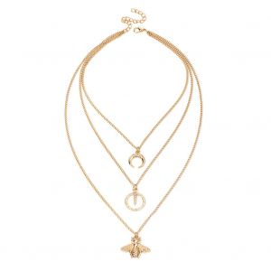 Collier A Pendentif Lune Et Abeille Multicouches Pour Femme, Bijou Delicat (Or) - Neuf