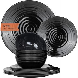 Ulteronixshop-Vaisselle De Camping En M&eacute;lamine Pour 4 Personnes 12 Pi&egrave;ces | Passe Au Lave-Vaisselle | Service De Vaisselle De Pique-Nique | Vaisselle De Camping I Stone Dark Black Design - Neuf